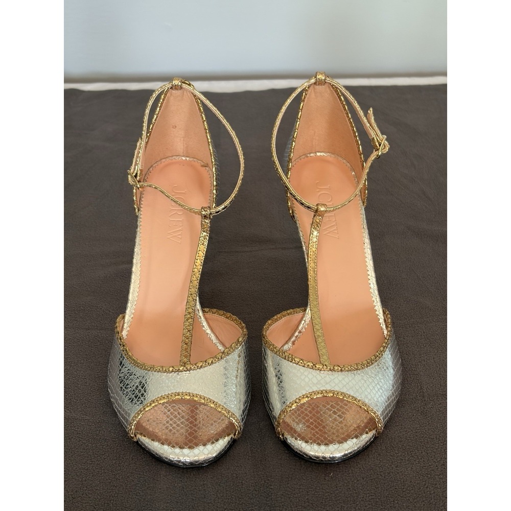 J. Crew Rylie T-strap Heels Snake Embossed Italian Leather Gold Silver Size 8.5